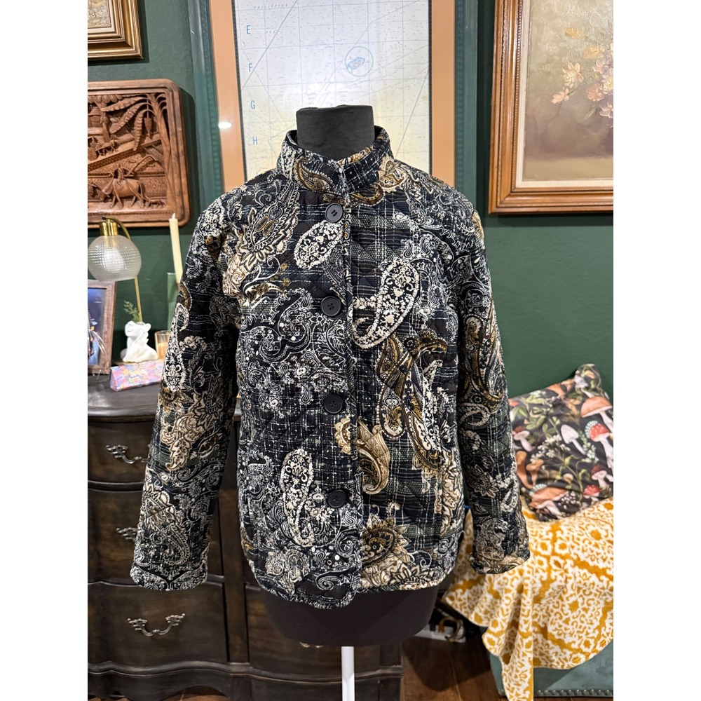 Gloria Vanderbilt Casuals Quilted Paisley Jacket Womens Small Black Gold Cotton